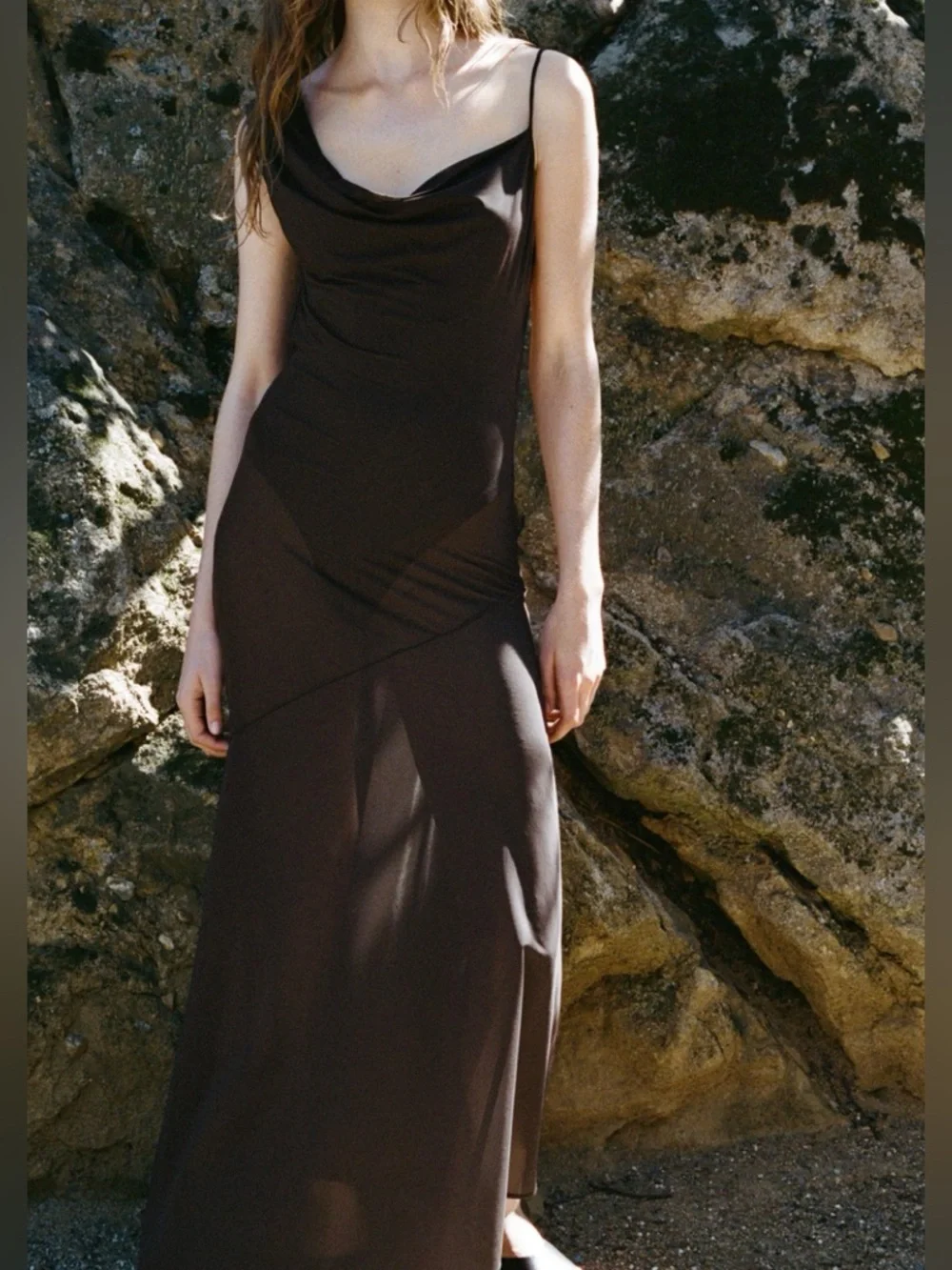 ZARA Chocolate Brown Asymmetrical Draped Strap Maxi Dress w/ Built-In Bodysuit - Picture 3 of 11